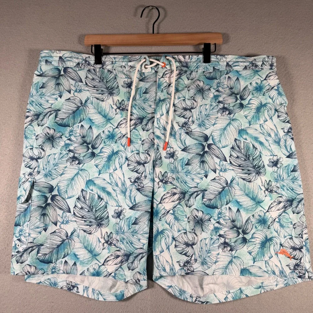 Tommy Bahama Mens‎ 3XLB Tropical Leaf Print Swim Trunks Blue Teal 9 Inch Inseam